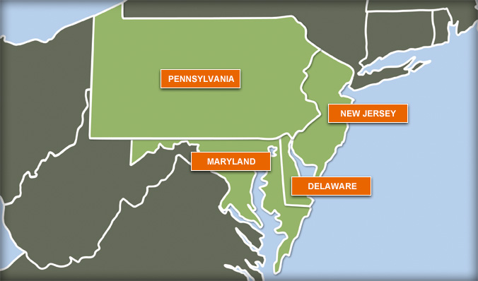Map showing Delaware, Maryland, New Jersey and Pennsylvania